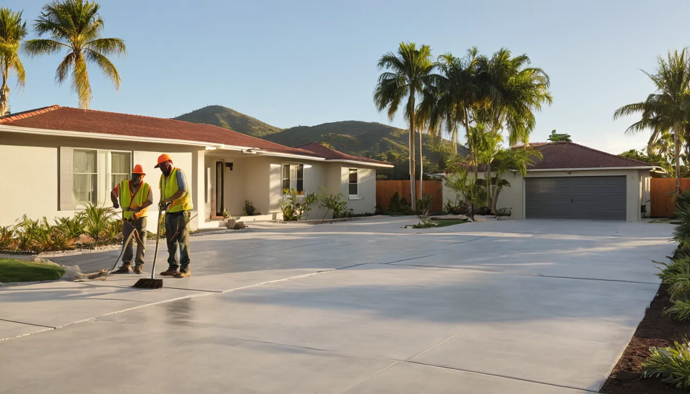 A freshly poured concrete driveway in front of a single-story block home in the Clearwater area