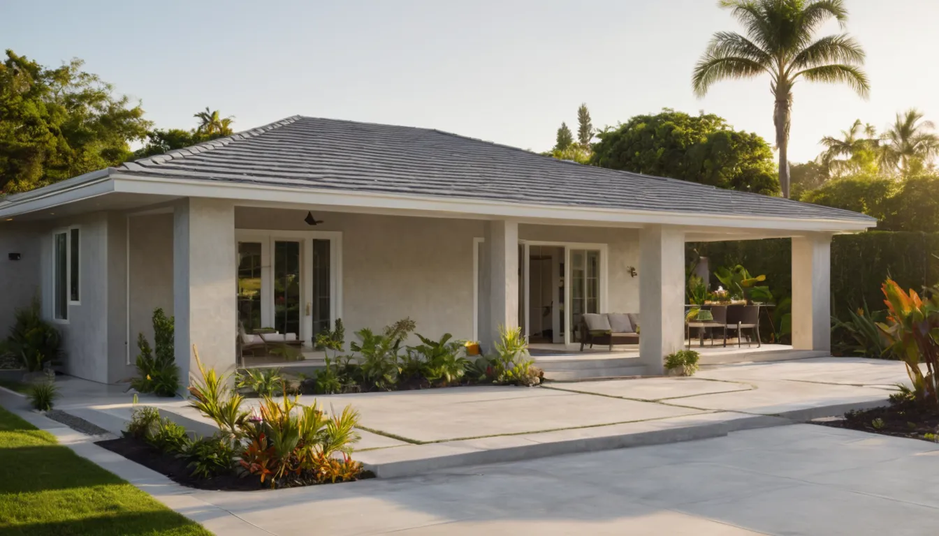 Newly poured concrete patio behind a single-story block home in the Clearwater area