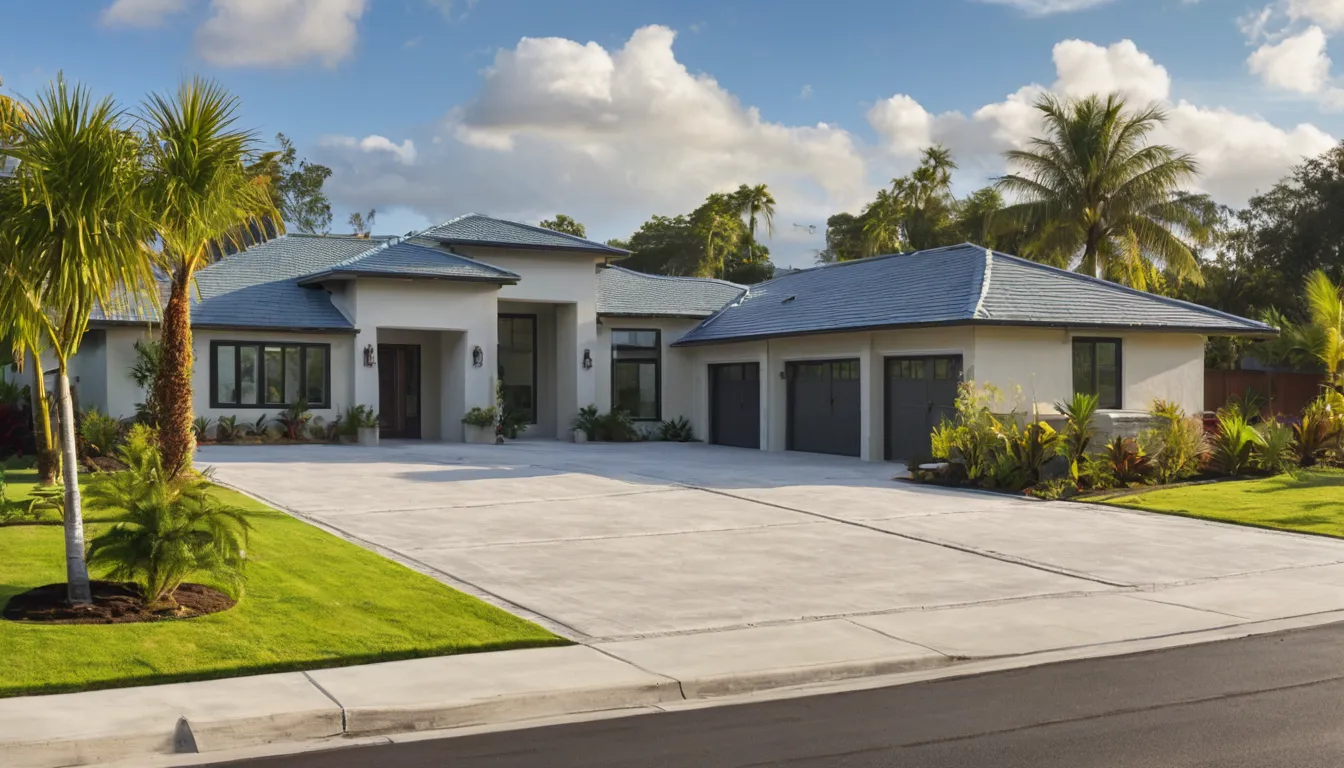 A freshly finished concrete driveway beside a single-story home near Clearwater