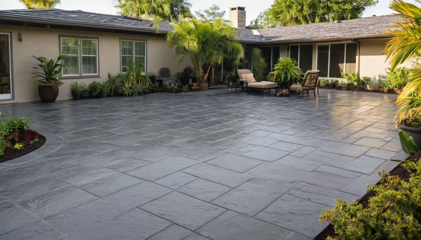 Stamped concrete patio with a slate pattern behind a block home in the Clearwater area